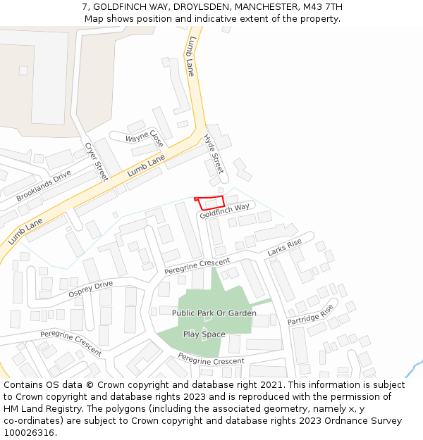 7, GOLDFINCH WAY, DROYLSDEN, MANCHESTER, M43 7TH: Location map and indicative extent of plot