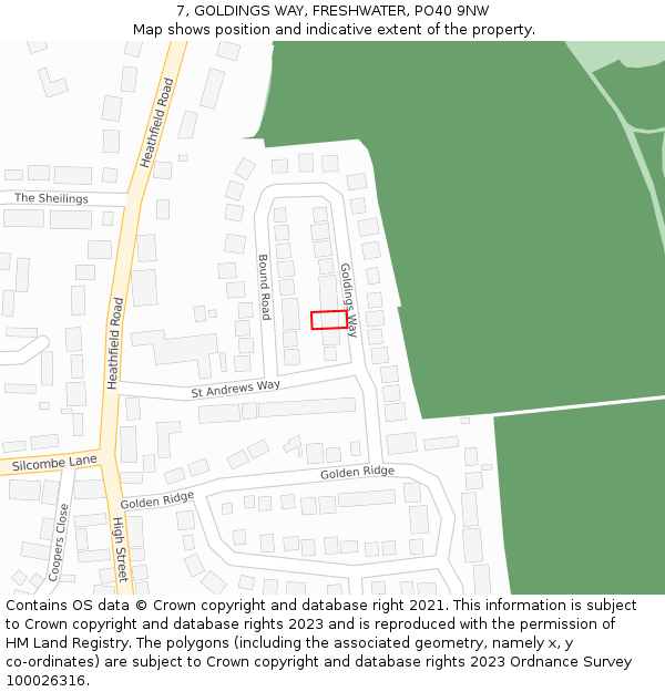 7, GOLDINGS WAY, FRESHWATER, PO40 9NW: Location map and indicative extent of plot