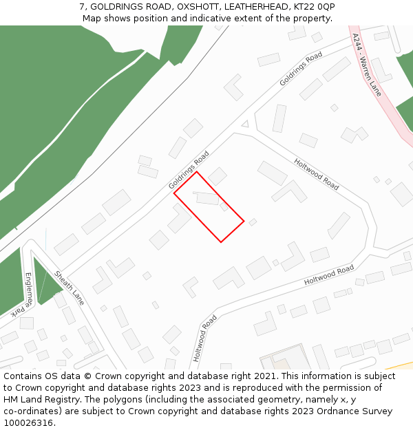 7, GOLDRINGS ROAD, OXSHOTT, LEATHERHEAD, KT22 0QP: Location map and indicative extent of plot