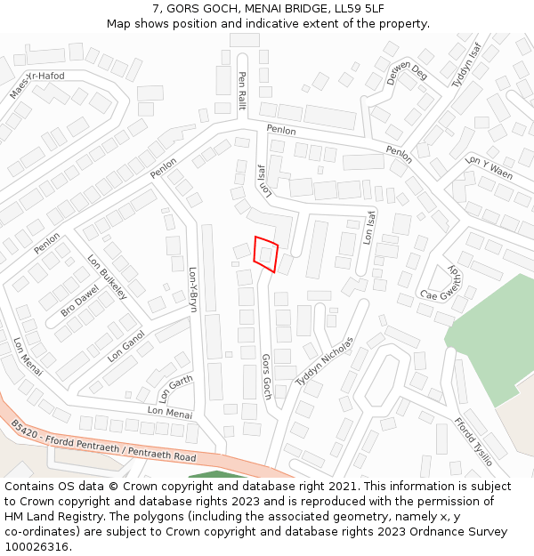 7, GORS GOCH, MENAI BRIDGE, LL59 5LF: Location map and indicative extent of plot