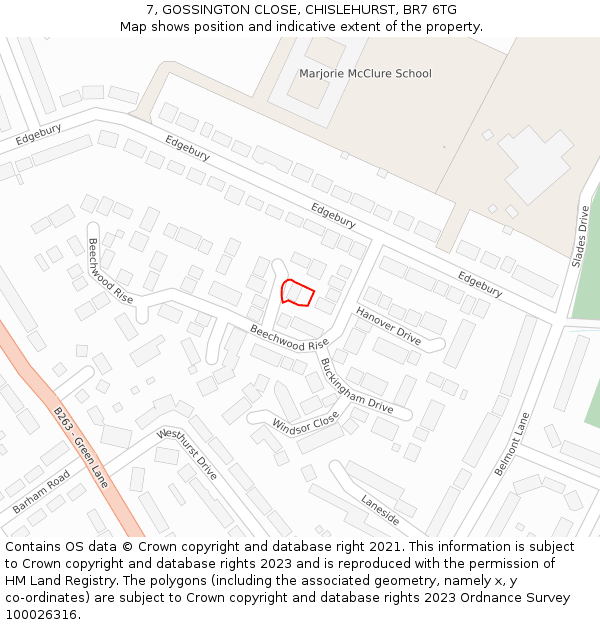 7, GOSSINGTON CLOSE, CHISLEHURST, BR7 6TG: Location map and indicative extent of plot