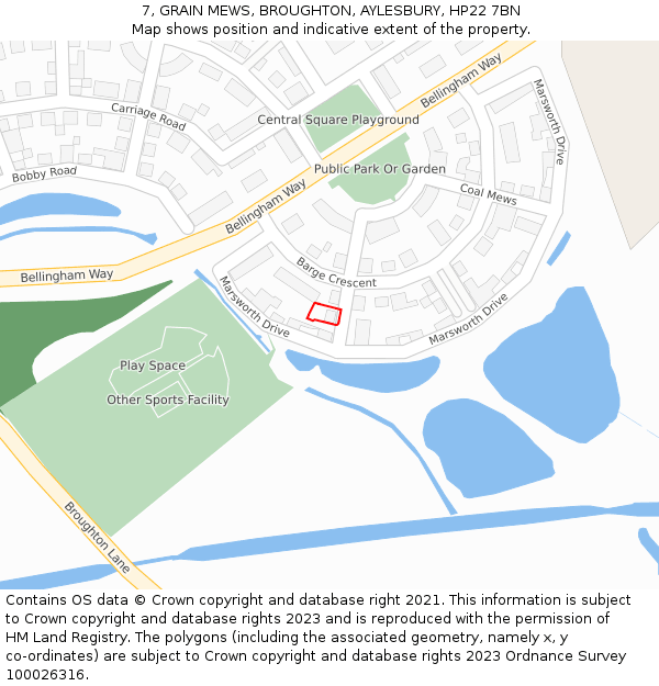 7, GRAIN MEWS, BROUGHTON, AYLESBURY, HP22 7BN: Location map and indicative extent of plot