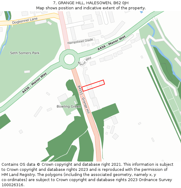 7, GRANGE HILL, HALESOWEN, B62 0JH: Location map and indicative extent of plot