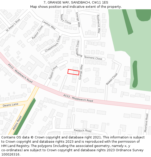 7, GRANGE WAY, SANDBACH, CW11 1ES: Location map and indicative extent of plot