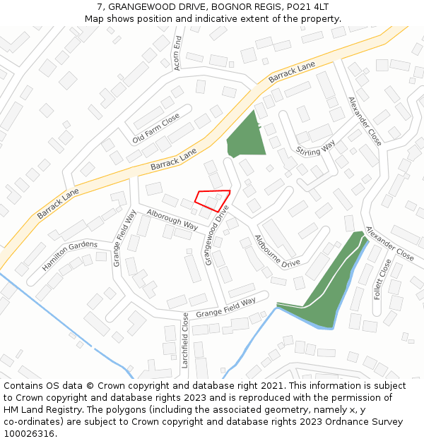 7, GRANGEWOOD DRIVE, BOGNOR REGIS, PO21 4LT: Location map and indicative extent of plot