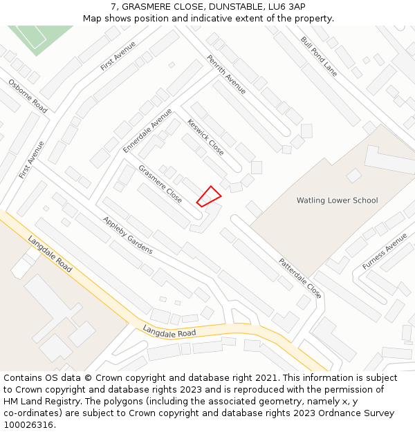 7, GRASMERE CLOSE, DUNSTABLE, LU6 3AP: Location map and indicative extent of plot