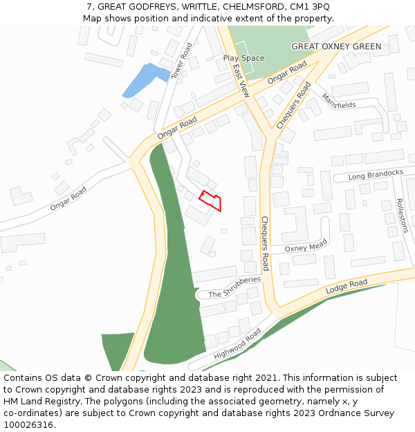 7, GREAT GODFREYS, WRITTLE, CHELMSFORD, CM1 3PQ: Location map and indicative extent of plot