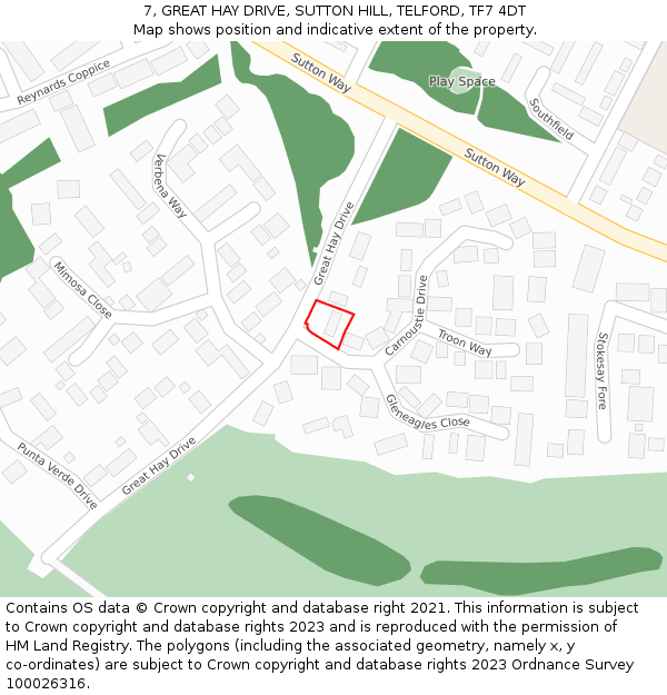 7, GREAT HAY DRIVE, SUTTON HILL, TELFORD, TF7 4DT: Location map and indicative extent of plot