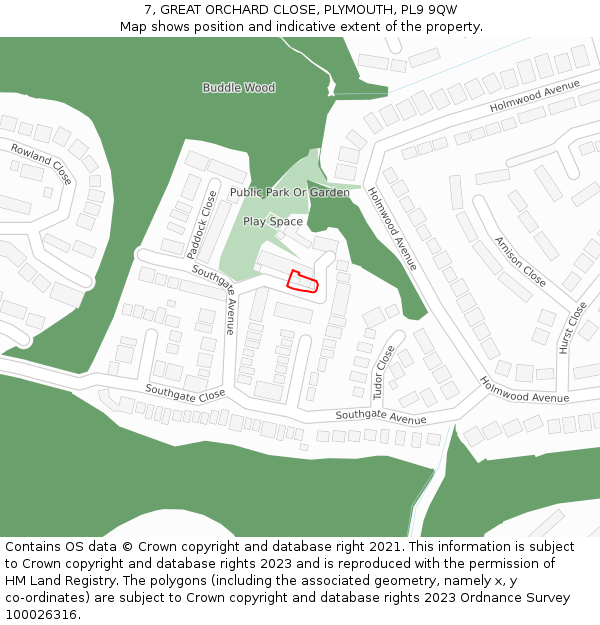 7, GREAT ORCHARD CLOSE, PLYMOUTH, PL9 9QW: Location map and indicative extent of plot