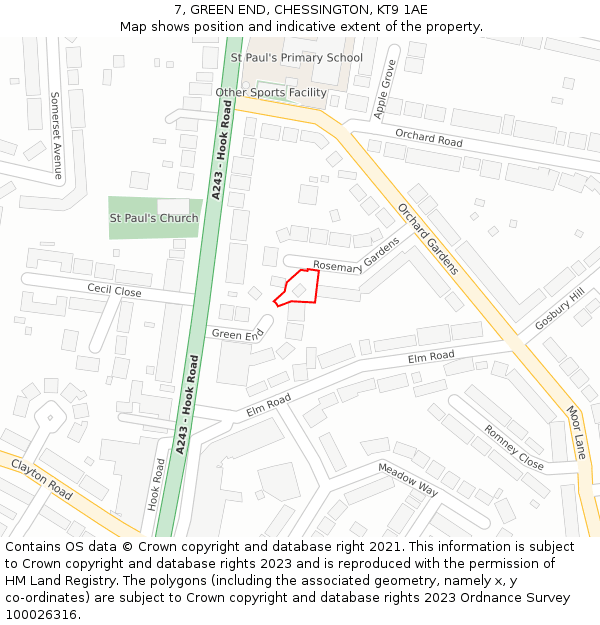 7, GREEN END, CHESSINGTON, KT9 1AE: Location map and indicative extent of plot