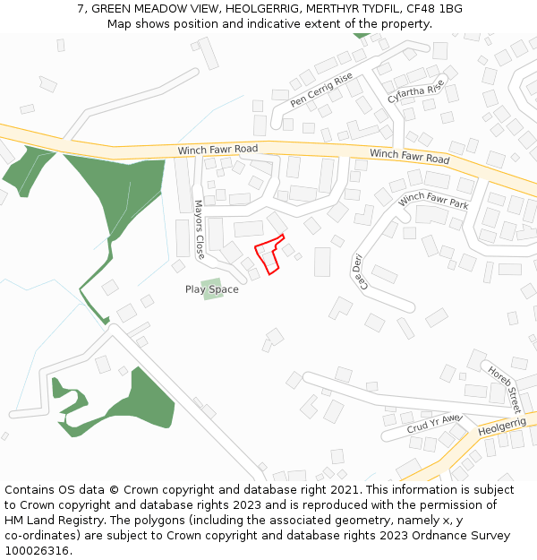 7, GREEN MEADOW VIEW, HEOLGERRIG, MERTHYR TYDFIL, CF48 1BG: Location map and indicative extent of plot