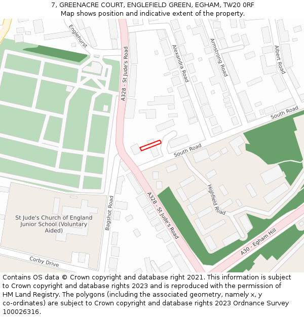 7, GREENACRE COURT, ENGLEFIELD GREEN, EGHAM, TW20 0RF: Location map and indicative extent of plot