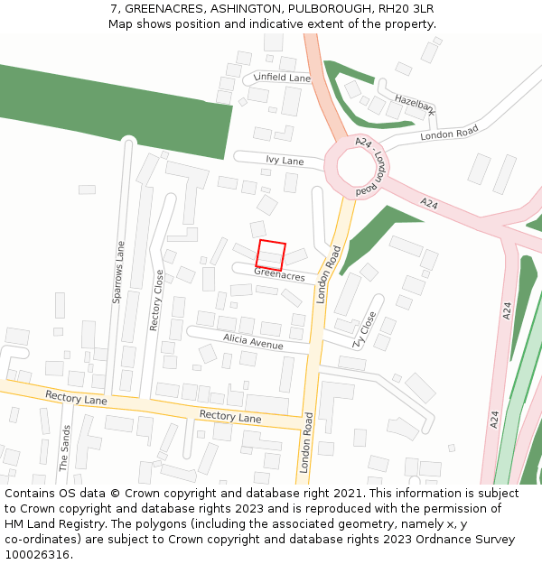 7, GREENACRES, ASHINGTON, PULBOROUGH, RH20 3LR: Location map and indicative extent of plot