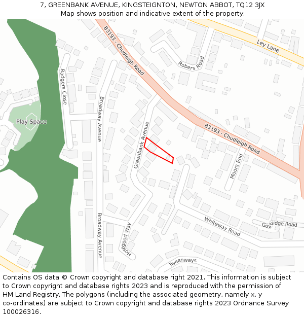 7, GREENBANK AVENUE, KINGSTEIGNTON, NEWTON ABBOT, TQ12 3JX: Location map and indicative extent of plot