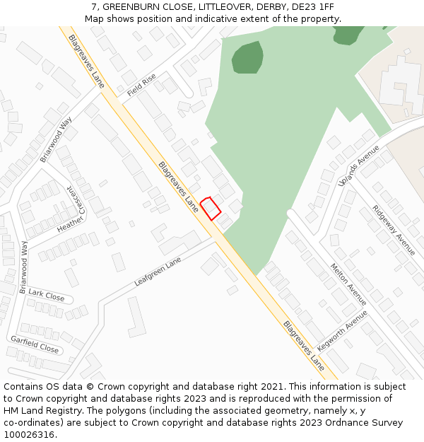 7, GREENBURN CLOSE, LITTLEOVER, DERBY, DE23 1FF: Location map and indicative extent of plot