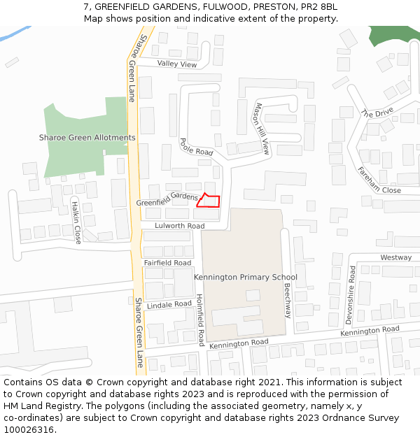 7, GREENFIELD GARDENS, FULWOOD, PRESTON, PR2 8BL: Location map and indicative extent of plot