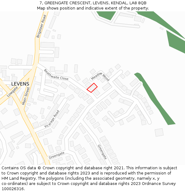 7, GREENGATE CRESCENT, LEVENS, KENDAL, LA8 8QB: Location map and indicative extent of plot