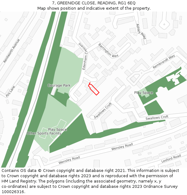 7, GREENIDGE CLOSE, READING, RG1 6EQ: Location map and indicative extent of plot