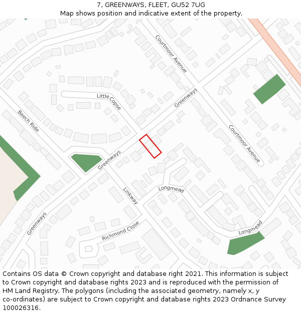 7, GREENWAYS, FLEET, GU52 7UG: Location map and indicative extent of plot