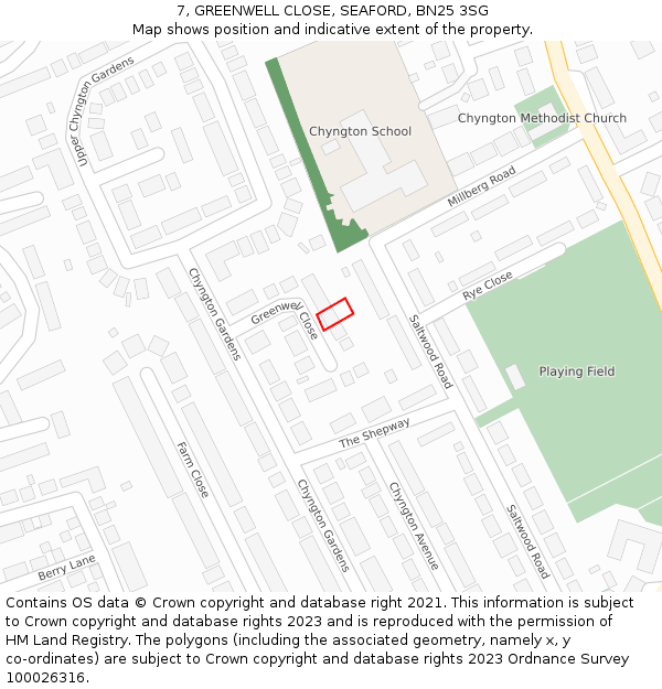 7, GREENWELL CLOSE, SEAFORD, BN25 3SG: Location map and indicative extent of plot