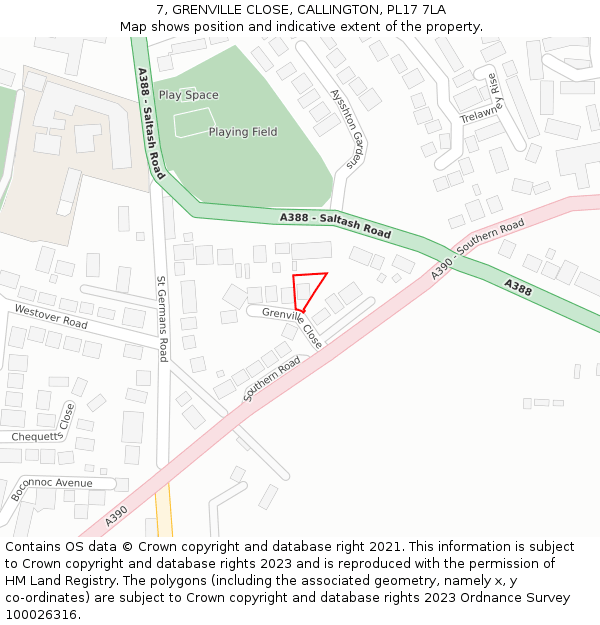 7, GRENVILLE CLOSE, CALLINGTON, PL17 7LA: Location map and indicative extent of plot