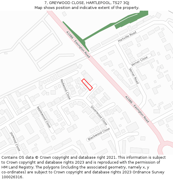 7, GREYWOOD CLOSE, HARTLEPOOL, TS27 3QJ: Location map and indicative extent of plot