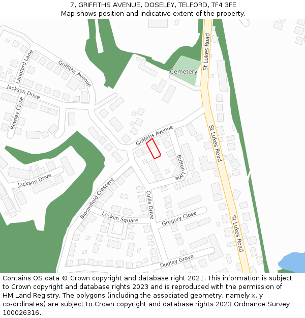 7, GRIFFITHS AVENUE, DOSELEY, TELFORD, TF4 3FE: Location map and indicative extent of plot