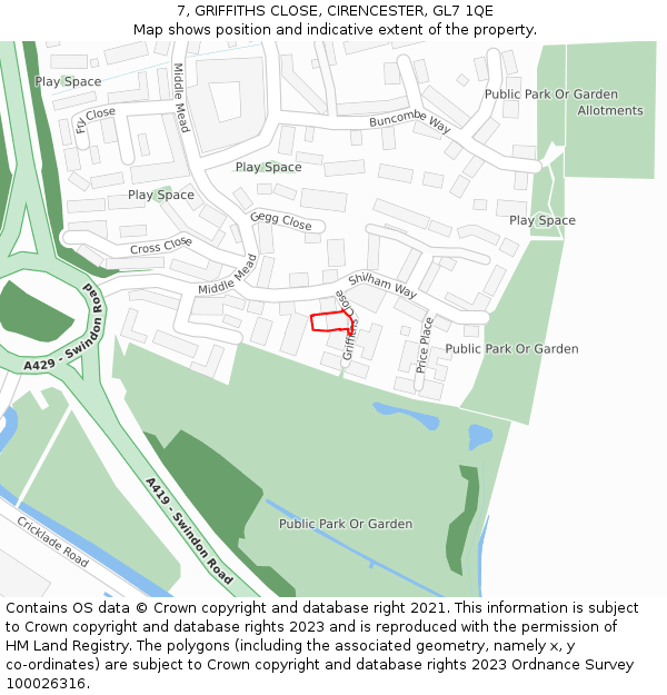 7, GRIFFITHS CLOSE, CIRENCESTER, GL7 1QE: Location map and indicative extent of plot