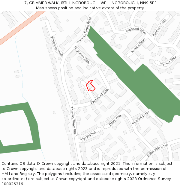 7, GRIMMER WALK, IRTHLINGBOROUGH, WELLINGBOROUGH, NN9 5PF: Location map and indicative extent of plot