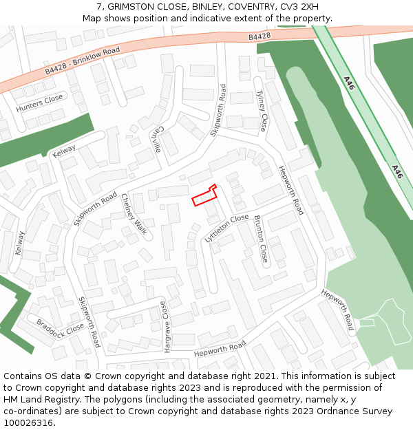 7, GRIMSTON CLOSE, BINLEY, COVENTRY, CV3 2XH: Location map and indicative extent of plot