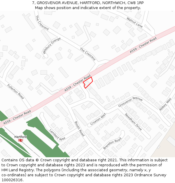 7, GROSVENOR AVENUE, HARTFORD, NORTHWICH, CW8 1RP: Location map and indicative extent of plot