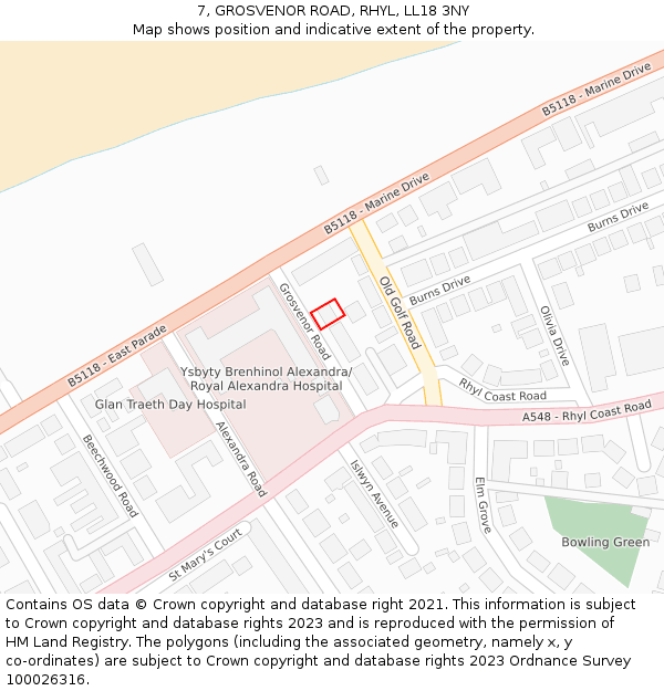 7, GROSVENOR ROAD, RHYL, LL18 3NY: Location map and indicative extent of plot