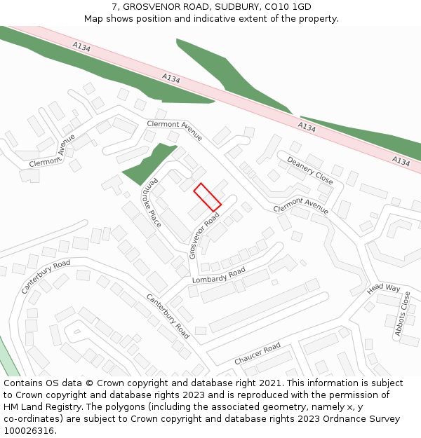 7, GROSVENOR ROAD, SUDBURY, CO10 1GD: Location map and indicative extent of plot