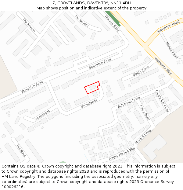 7, GROVELANDS, DAVENTRY, NN11 4DH: Location map and indicative extent of plot