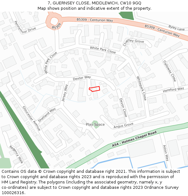 7, GUERNSEY CLOSE, MIDDLEWICH, CW10 9GQ: Location map and indicative extent of plot