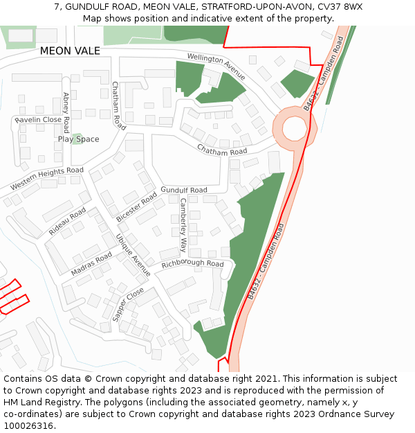 7, GUNDULF ROAD, MEON VALE, STRATFORD-UPON-AVON, CV37 8WX: Location map and indicative extent of plot