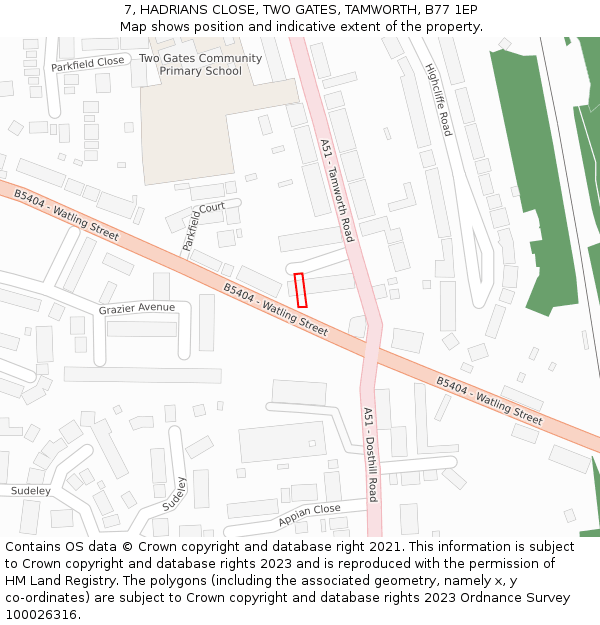 7, HADRIANS CLOSE, TWO GATES, TAMWORTH, B77 1EP: Location map and indicative extent of plot