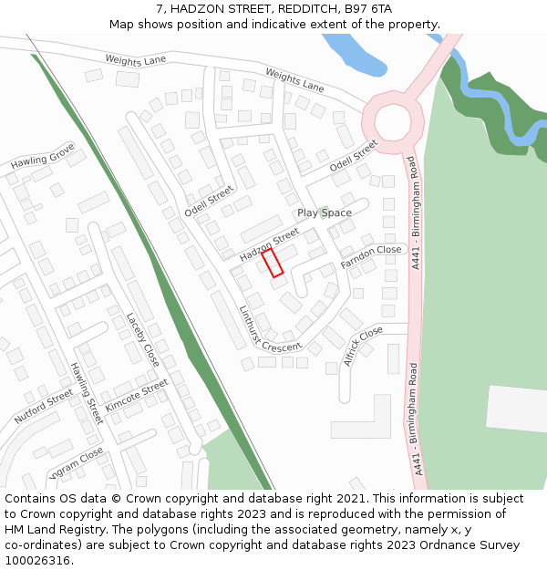 7, HADZON STREET, REDDITCH, B97 6TA: Location map and indicative extent of plot