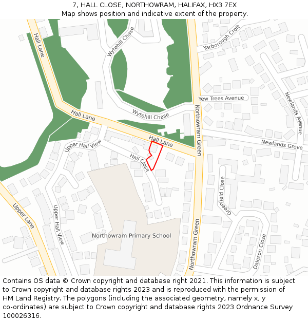 7, HALL CLOSE, NORTHOWRAM, HALIFAX, HX3 7EX: Location map and indicative extent of plot