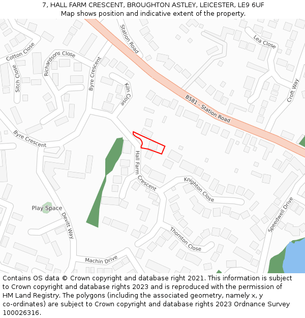 7, HALL FARM CRESCENT, BROUGHTON ASTLEY, LEICESTER, LE9 6UF: Location map and indicative extent of plot