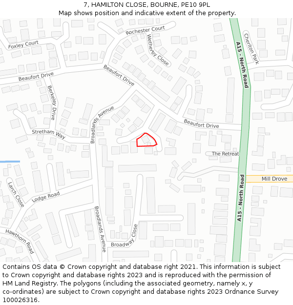 7, HAMILTON CLOSE, BOURNE, PE10 9PL: Location map and indicative extent of plot