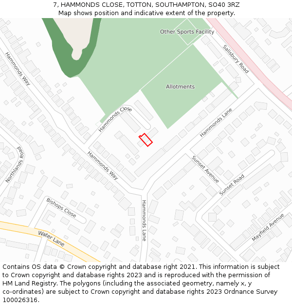 7, HAMMONDS CLOSE, TOTTON, SOUTHAMPTON, SO40 3RZ: Location map and indicative extent of plot