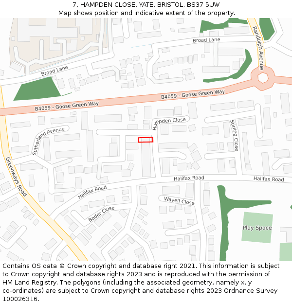 7, HAMPDEN CLOSE, YATE, BRISTOL, BS37 5UW: Location map and indicative extent of plot