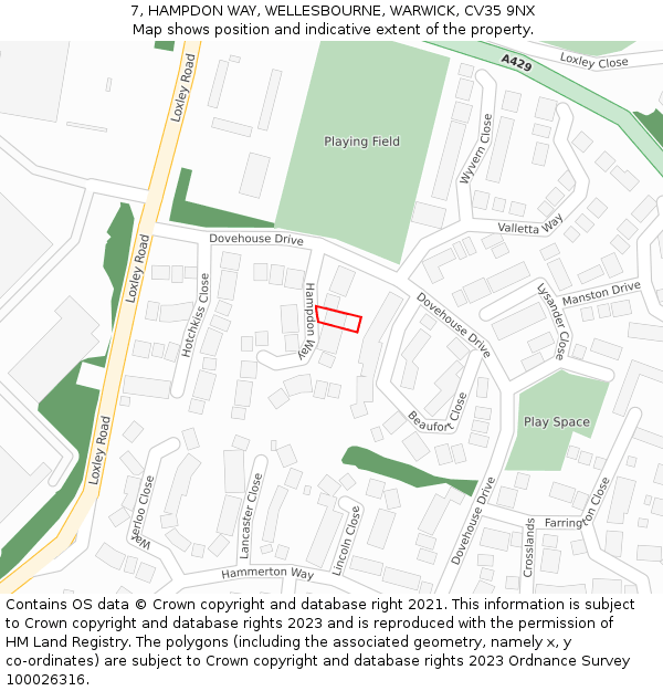 7, HAMPDON WAY, WELLESBOURNE, WARWICK, CV35 9NX: Location map and indicative extent of plot