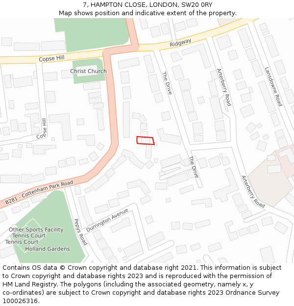 7, HAMPTON CLOSE, LONDON, SW20 0RY: Location map and indicative extent of plot