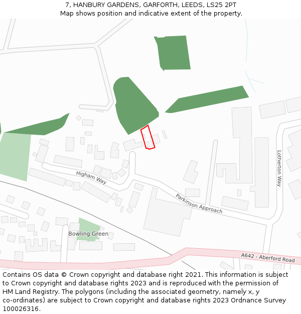 7, HANBURY GARDENS, GARFORTH, LEEDS, LS25 2PT: Location map and indicative extent of plot