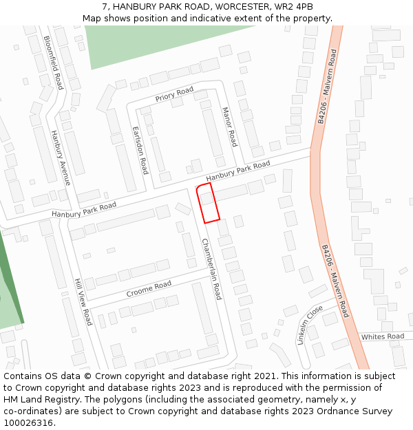 7, HANBURY PARK ROAD, WORCESTER, WR2 4PB: Location map and indicative extent of plot