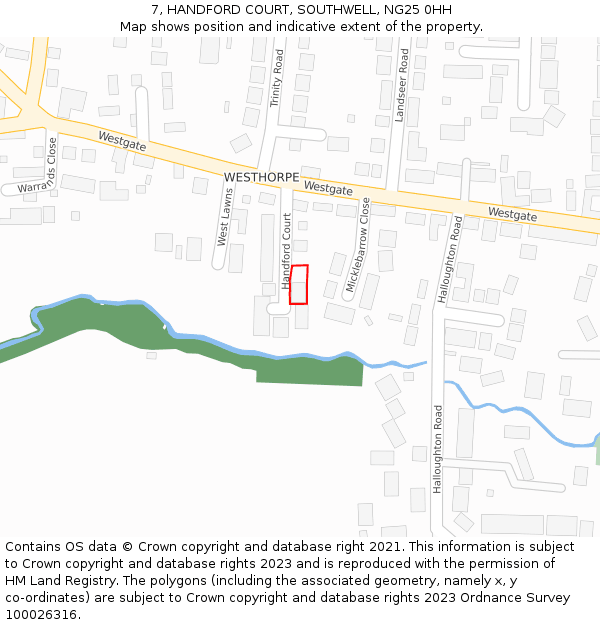 7, HANDFORD COURT, SOUTHWELL, NG25 0HH: Location map and indicative extent of plot