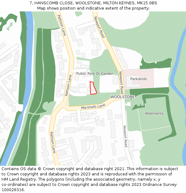 7, HANSCOMB CLOSE, WOOLSTONE, MILTON KEYNES, MK15 0BS: Location map and indicative extent of plot