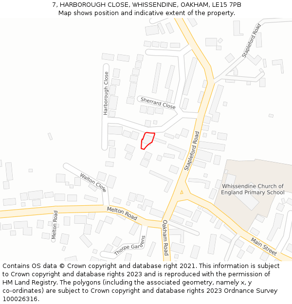 7, HARBOROUGH CLOSE, WHISSENDINE, OAKHAM, LE15 7PB: Location map and indicative extent of plot
